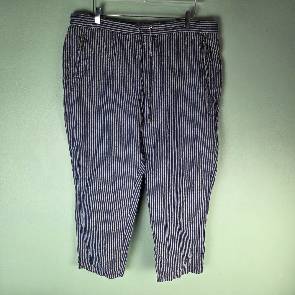 Ellen Tracy Womens XL Linen Blend Navy Blue Striped Gold Metallic Pants Coastal